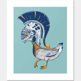 Duck wearing ancient Greek warriors helmet Posters and Art